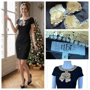 Vintage 90's Tibi Black Silk Mini‎ Dress Golden Sequin Bow Party LBD Sz 4